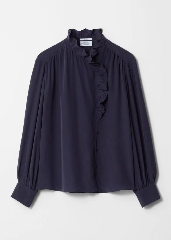 Women Blouses and Shirts and Other Stories Ruffled Silk Blouse Navy
