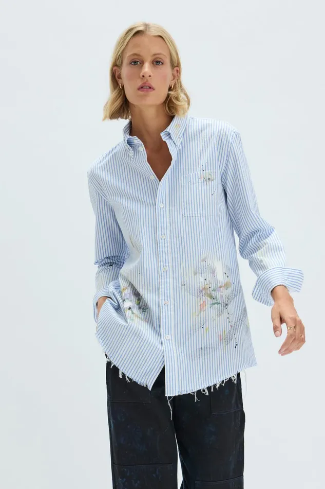 Women Blue Stripe Painter Shirt Raquel Allegra Sweaters and Knits