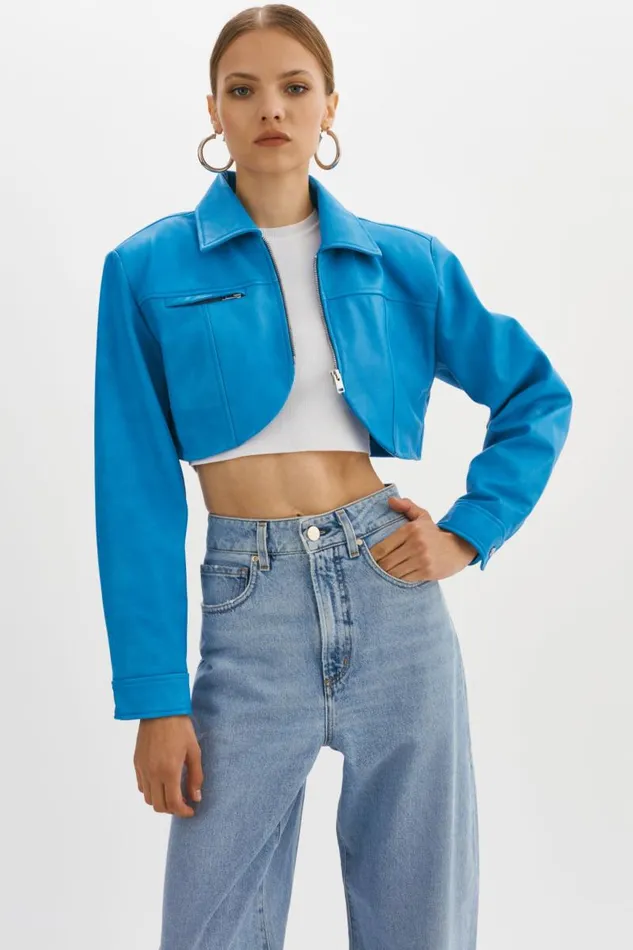 Women BRIELLE Cropped Leather Jacket Faded Jean LAMARQUE Leather Jackets
