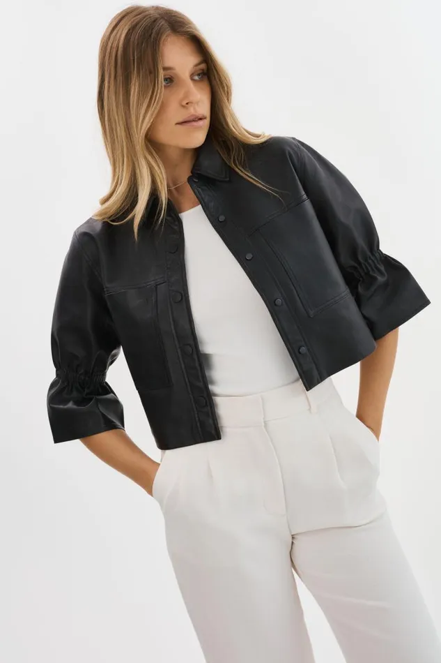 Women CAROLINA Leather Ruffle Sleeve Jacket Black LAMARQUE Short Sleeve Jackets Women CAROLINA Leather Ruffle Sleeve Jacket Black LAMARQUE Short Sleeve Jackets
