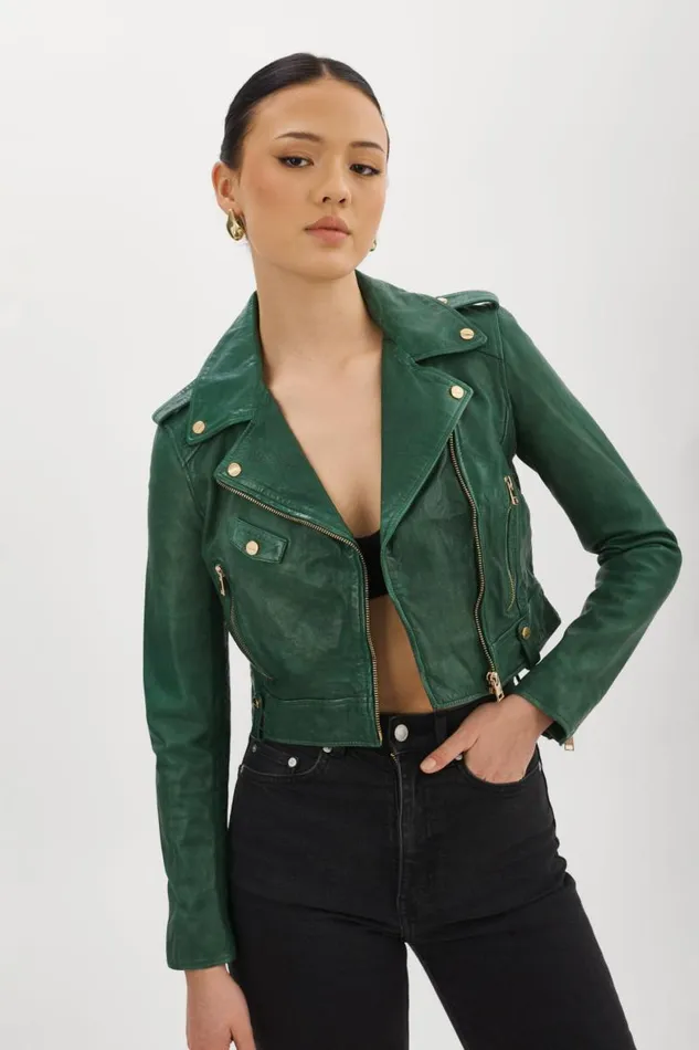 Women CIARA GOLD Cropped Leather Biker Jacket Bottle Green LAMARQUE Leather Jackets Women CIARA GOLD Cropped Leather Biker Jacket Bottle Green LAMARQUE Leather Jackets