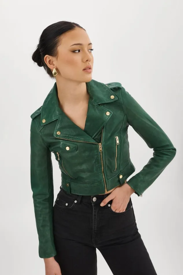 Women CIARA GOLD Cropped Leather Biker Jacket Bottle Green LAMARQUE Leather Jackets