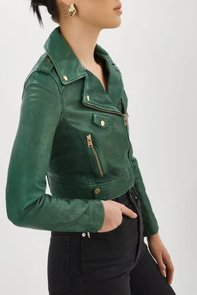 Women CIARA GOLD Cropped Leather Biker Jacket Bottle Green LAMARQUE Leather Jackets