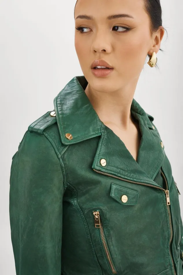Women CIARA GOLD Cropped Leather Biker Jacket Bottle Green LAMARQUE Leather Jackets