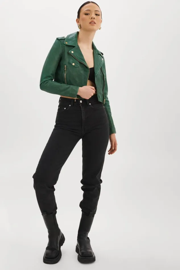 Women CIARA GOLD Cropped Leather Biker Jacket Bottle Green LAMARQUE Leather Jackets