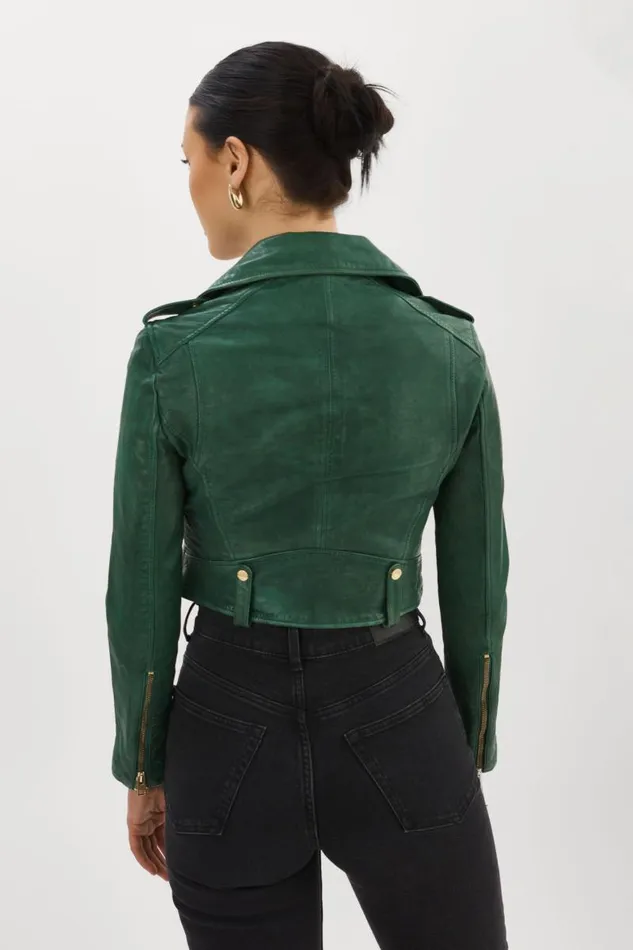 Women CIARA GOLD Cropped Leather Biker Jacket Bottle Green LAMARQUE Leather Jackets