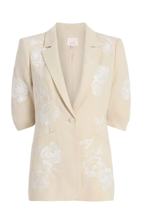 Women Cinq Sept Blazers Floating Roses Embellished Short Sleeve Khloe Blazer Plasterivory