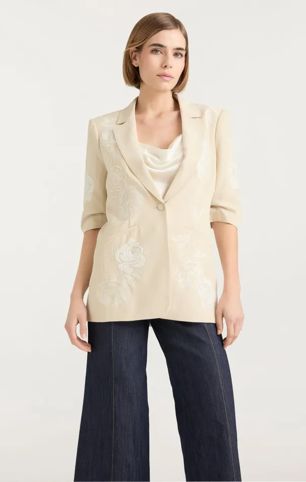 Women Cinq Sept Blazers Floating Roses Embellished Short Sleeve Khloe Blazer Plasterivory