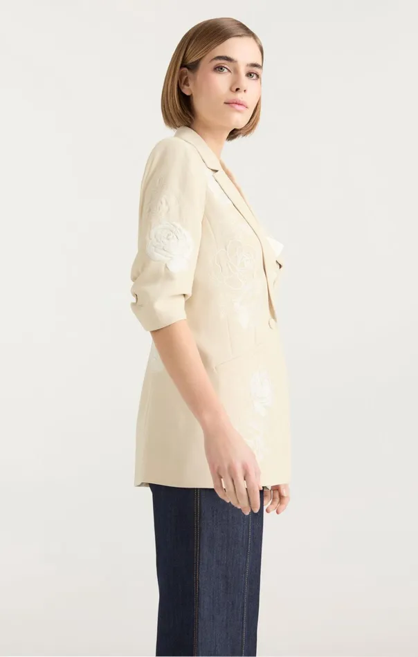 Women Cinq Sept Blazers Floating Roses Embellished Short Sleeve Khloe Blazer Plasterivory