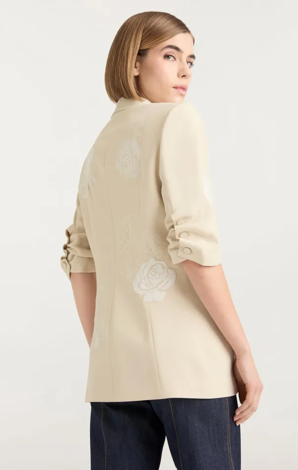 Women Cinq Sept Blazers Floating Roses Embellished Short Sleeve Khloe Blazer Plasterivory