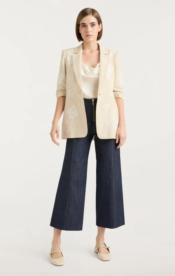 Women Cinq Sept Blazers Floating Roses Embellished Short Sleeve Khloe Blazer Plasterivory