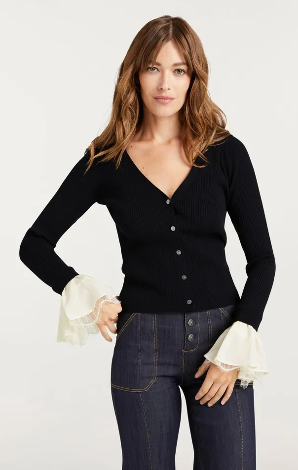 Women Cinq Sept Long Sleeve Tops Bernadette Prestyled Ribbed Cardigan Blackivory