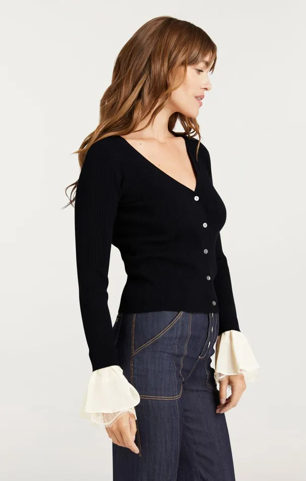 Women Cinq Sept Long Sleeve Tops Bernadette Prestyled Ribbed Cardigan Blackivory