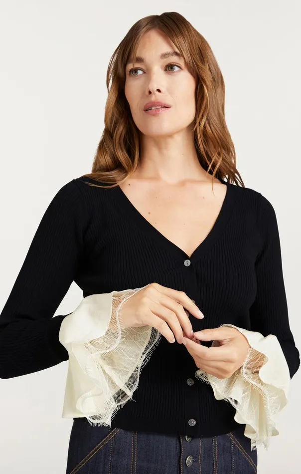 Women Cinq Sept Long Sleeve Tops Bernadette Prestyled Ribbed Cardigan Blackivory