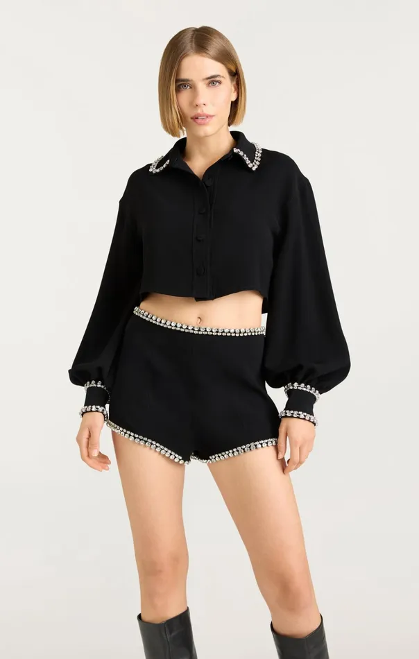 Women Cinq Sept Long Sleeve Tops Cropped Juneve Top Black