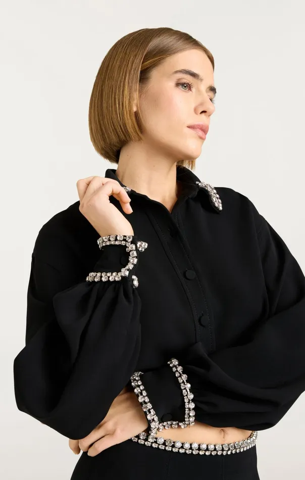 Women Cinq Sept Long Sleeve Tops Cropped Juneve Top Black