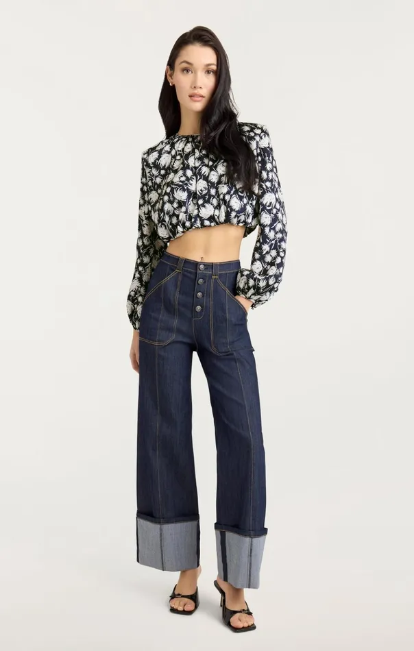 Women Cinq Sept Long Sleeve Tops Graphic Floral Kamala Top Navyivory