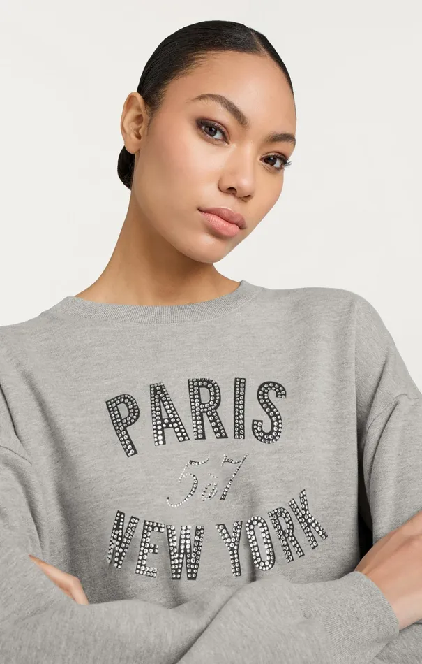 Women Cinq Sept Long Sleeve Tops Rhinestone Paris New York Brandy Pullover Heather Greyblack