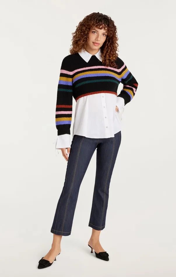 Women Cinq Sept Long Sleeve Tops Striped Nelida Pullover Black Multi