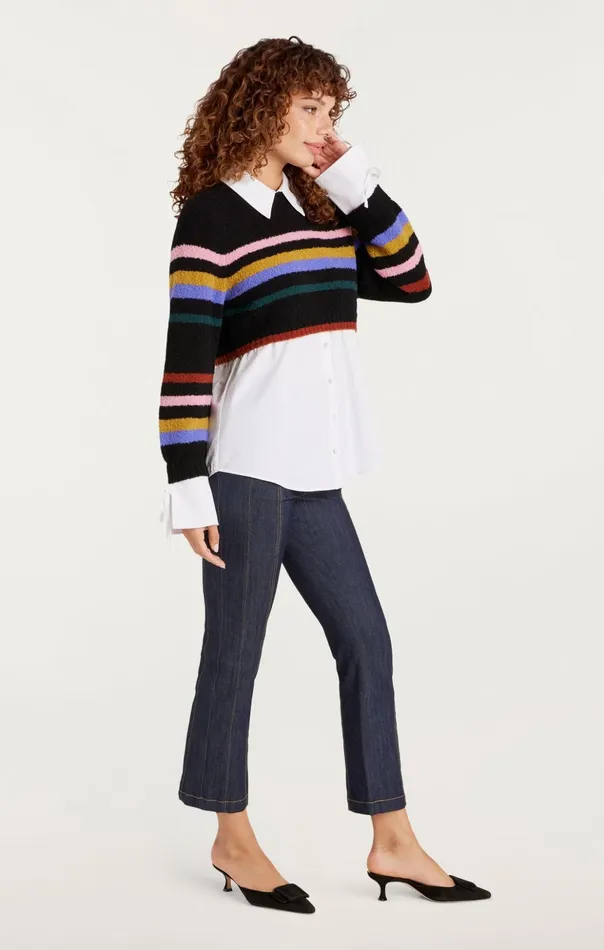 Women Cinq Sept Long Sleeve Tops Striped Nelida Pullover Black Multi