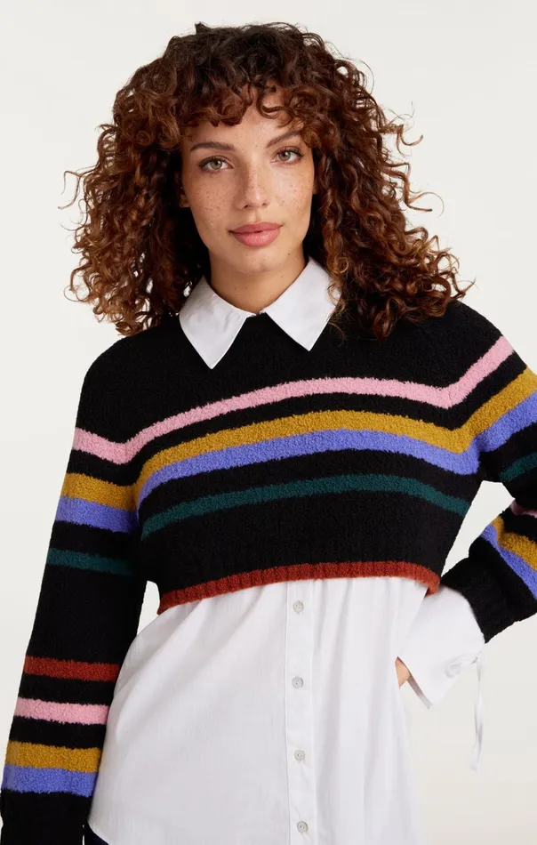 Women Cinq Sept Long Sleeve Tops Striped Nelida Pullover Black Multi