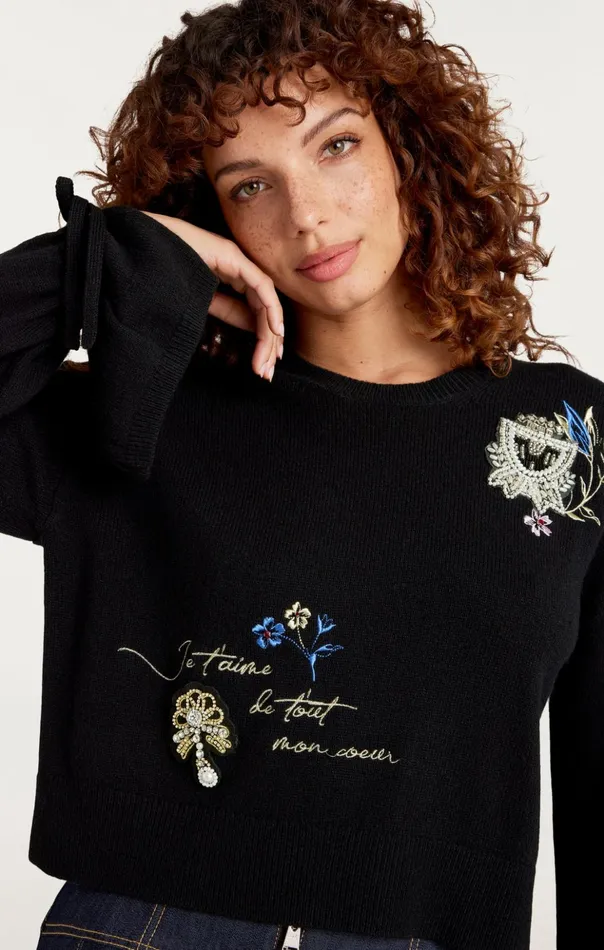 Women Cinq Sept Sweaters and Knits Heritage Patch Tasha Pullover Black Multi