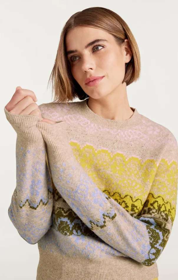 Women Cinq Sept Sweaters and Knits Lace Fair Isle Pullover Oatmeal Multi