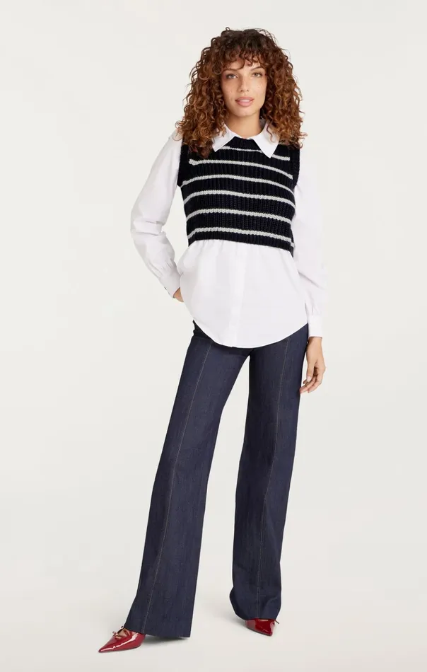 Women Cinq Sept Sweaters and Knits Striped Mara Shaker Pullover Navyivory