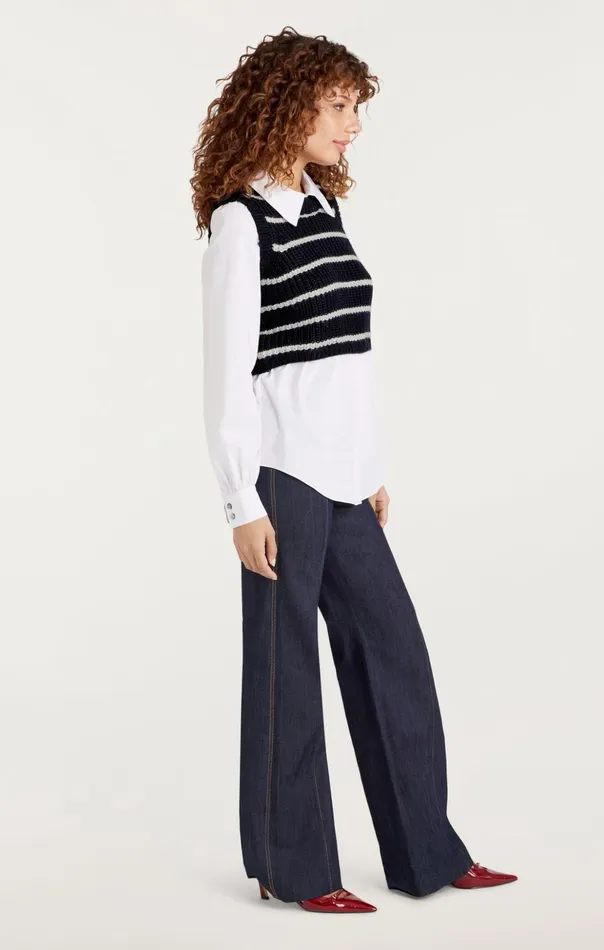 Women Cinq Sept Sweaters and Knits Striped Mara Shaker Pullover Navyivory