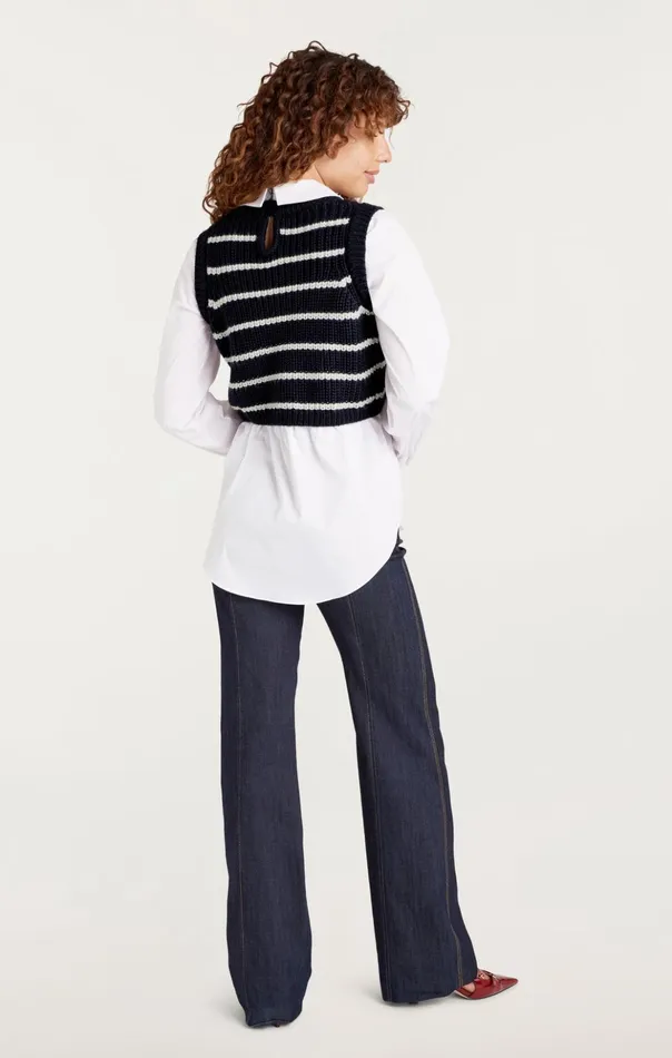 Women Cinq Sept Sweaters and Knits Striped Mara Shaker Pullover Navyivory