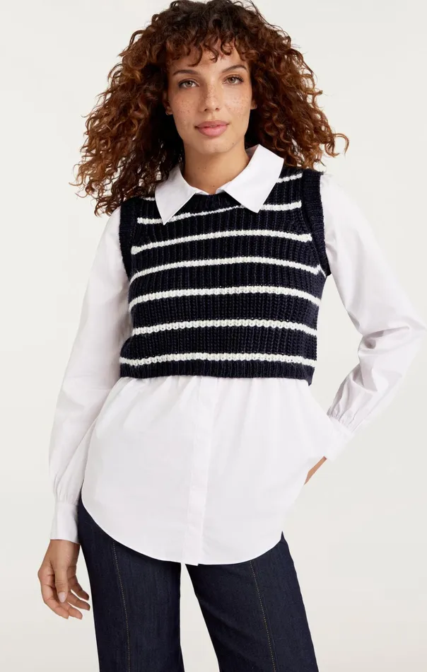 Women Cinq Sept Sweaters and Knits Striped Mara Shaker Pullover Navyivory