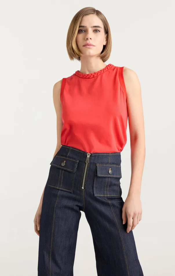 Women Cinq Sept Tank Tops and Camisoles Sleeveless Braided Tee Deep Tangelo
