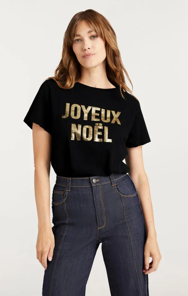 Women Cinq Sept Tees and Pullovers Foiled Joyeux Noel Tee Blackgold