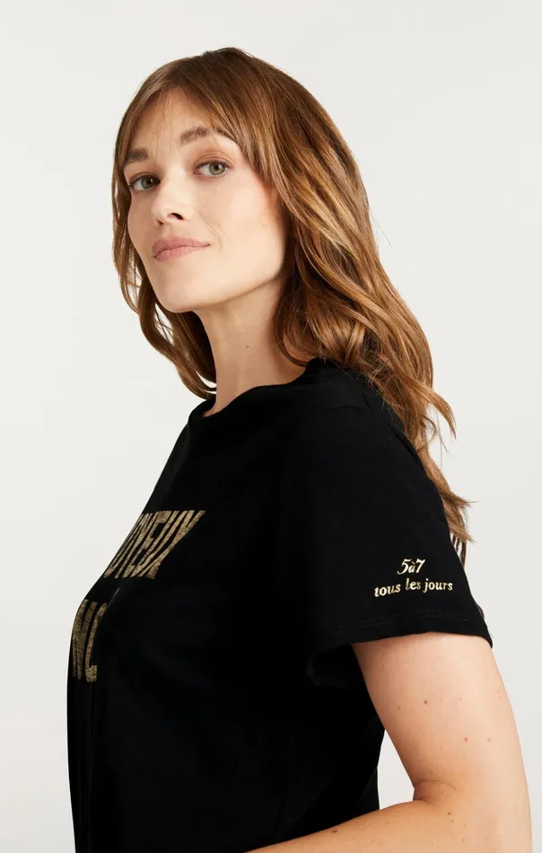 Women Cinq Sept Tees and Pullovers Foiled Joyeux Noel Tee Blackgold