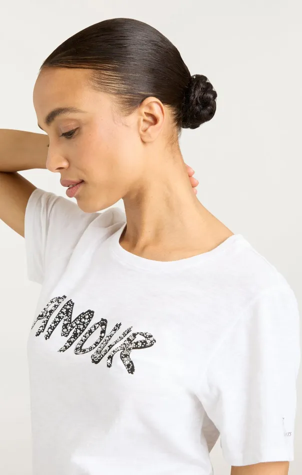 Women Cinq Sept Tees and Pullovers Rhinestone Amour Shrunken Tee Whiteblack