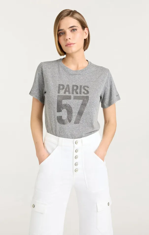 Women Cinq Sept Tees and Pullovers Rhinestone Paris 57 Tee Heather Greysilver