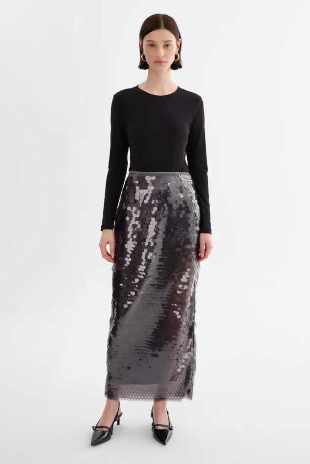 Women CLARA Sequin Midi Skirt Grey LAMARQUE Skirts