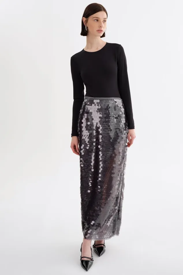 Women CLARA Sequin Midi Skirt Grey LAMARQUE Skirts