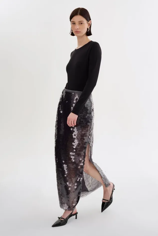 Women CLARA Sequin Midi Skirt Grey LAMARQUE Skirts