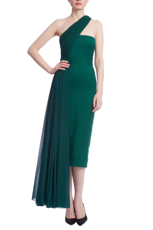 Women Cocktail Badgley Mischka One Shoulder Side Drape Crepe Dress Green