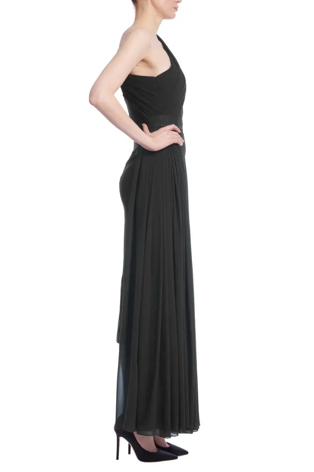 Women Cocktail Badgley Mischka One Shoulder Side Drape Crepe Dress Green