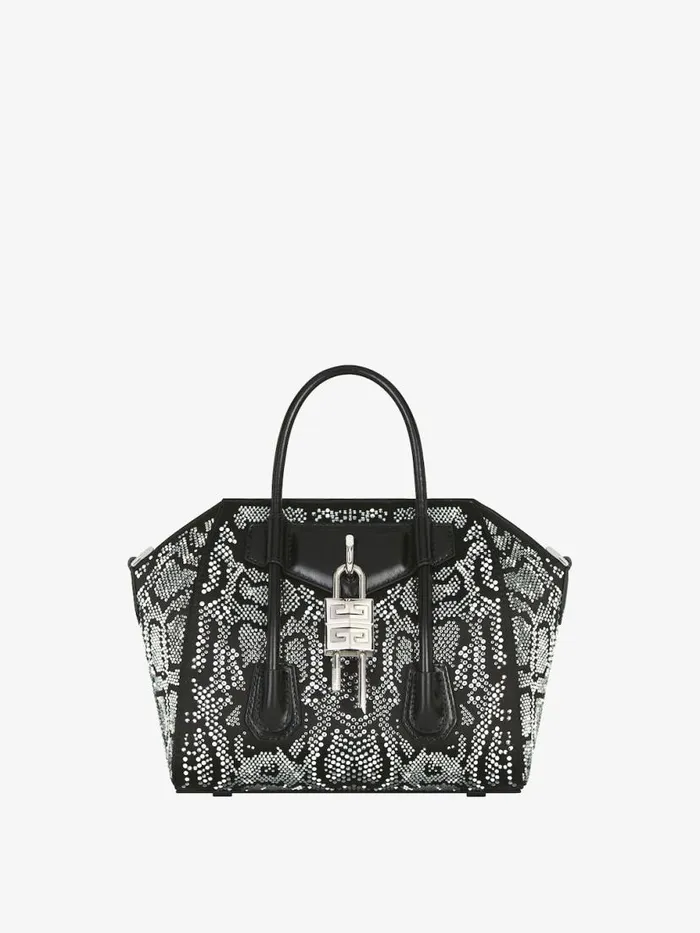 Women Crossbody Bags Givenchy Mini Antigona Lock Bag In Satin With Python Effect Strass Black