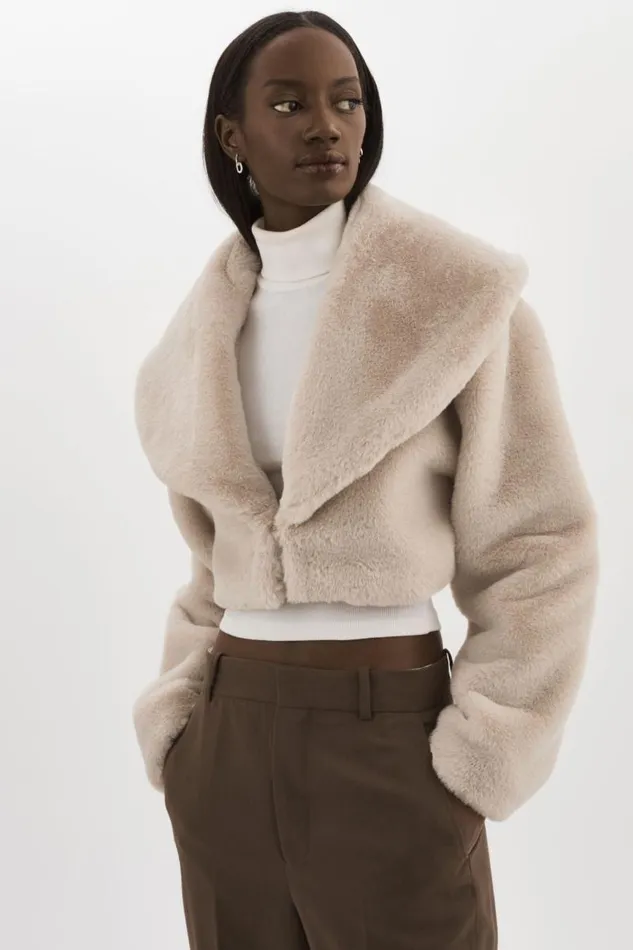 Women DANIKA Faux Fur Crop Jacket Oat LAMARQUE Faux Fur