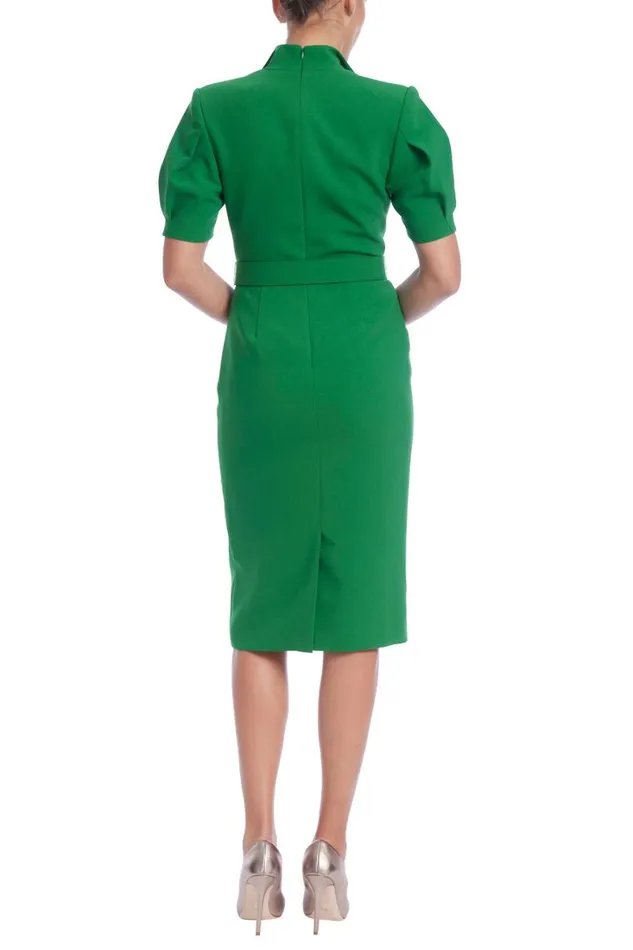 Women Day Badgley Mischka Collared Short Sleeve Sheath Dress With Belt Emerald