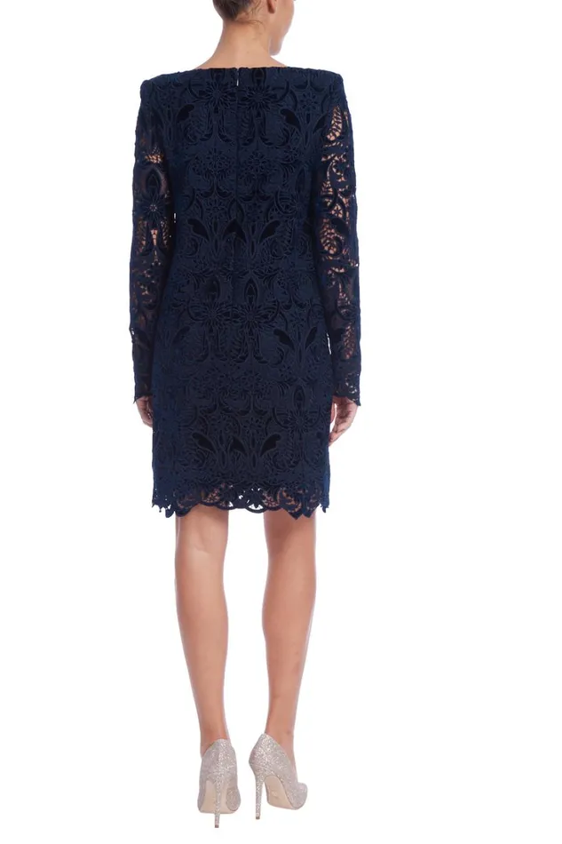 Women Day Badgley Mischka Mixed Media Boatneck Chemise Dress Navy