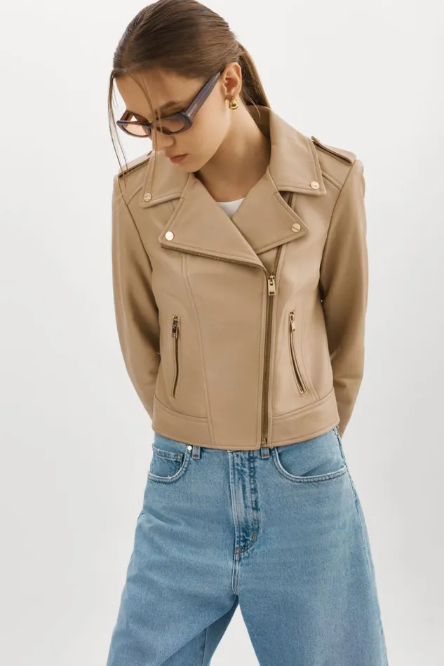 Women DONNA GOLD Iconic Leather Biker Jacket Wheat LAMARQUE Leather Jackets