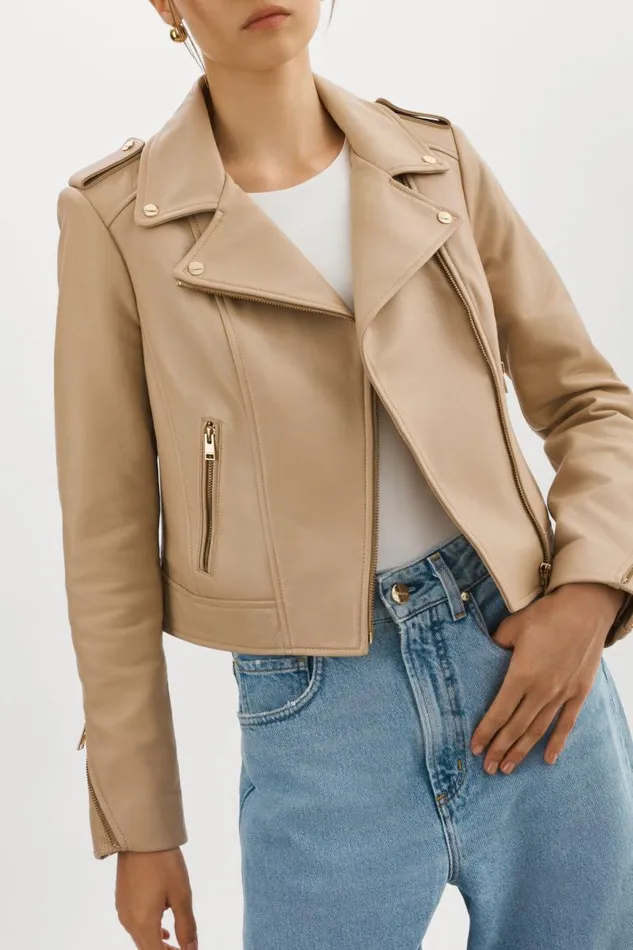 Women DONNA GOLD Iconic Leather Biker Jacket Wheat LAMARQUE Leather Jackets