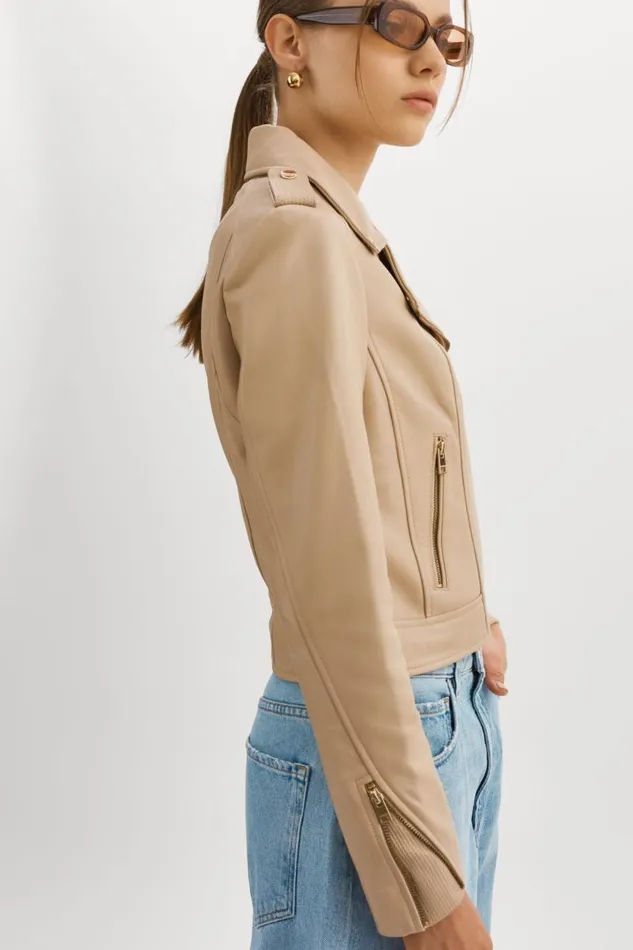 Women DONNA GOLD Iconic Leather Biker Jacket Wheat LAMARQUE Leather Jackets