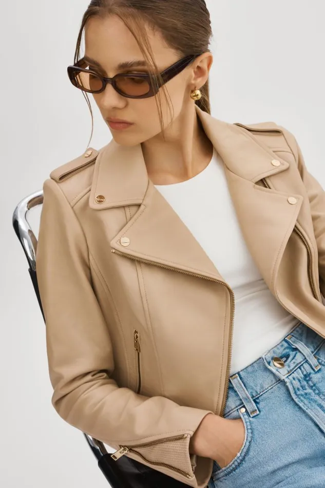 Women DONNA GOLD Iconic Leather Biker Jacket Wheat LAMARQUE Leather Jackets