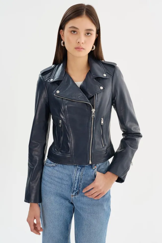 Women DONNA Iconic Leather Biker Jacket Navy LAMARQUE Biker Jackets